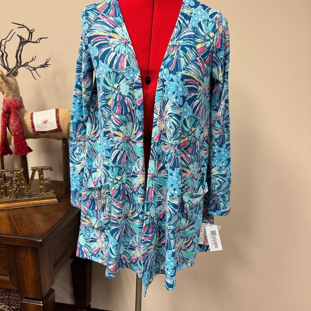 LuLaRoe Caroline Cardigan NEW Teal colorful pattern size S